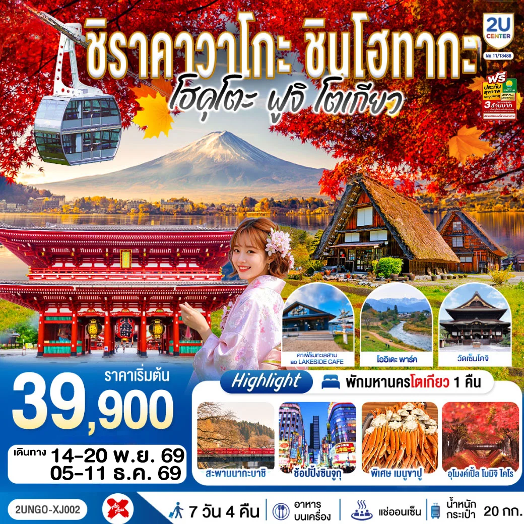 ทัวร์ญี่ปุ่น ชิราคาวาโกะ ชินโฮทากะ โฮคุโตะ ฟูจิ โตเกียว 7วัน 4คืน (XJ)